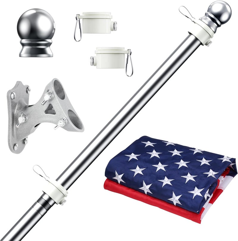 PHITRIC Flag Pole Kit with 3x5 American Flag for House Outside, Stainless Steel Rustproof Flagpole for 3x5 Sports Fan Outdoor Flags for Outside House (Silver) - Image 1
